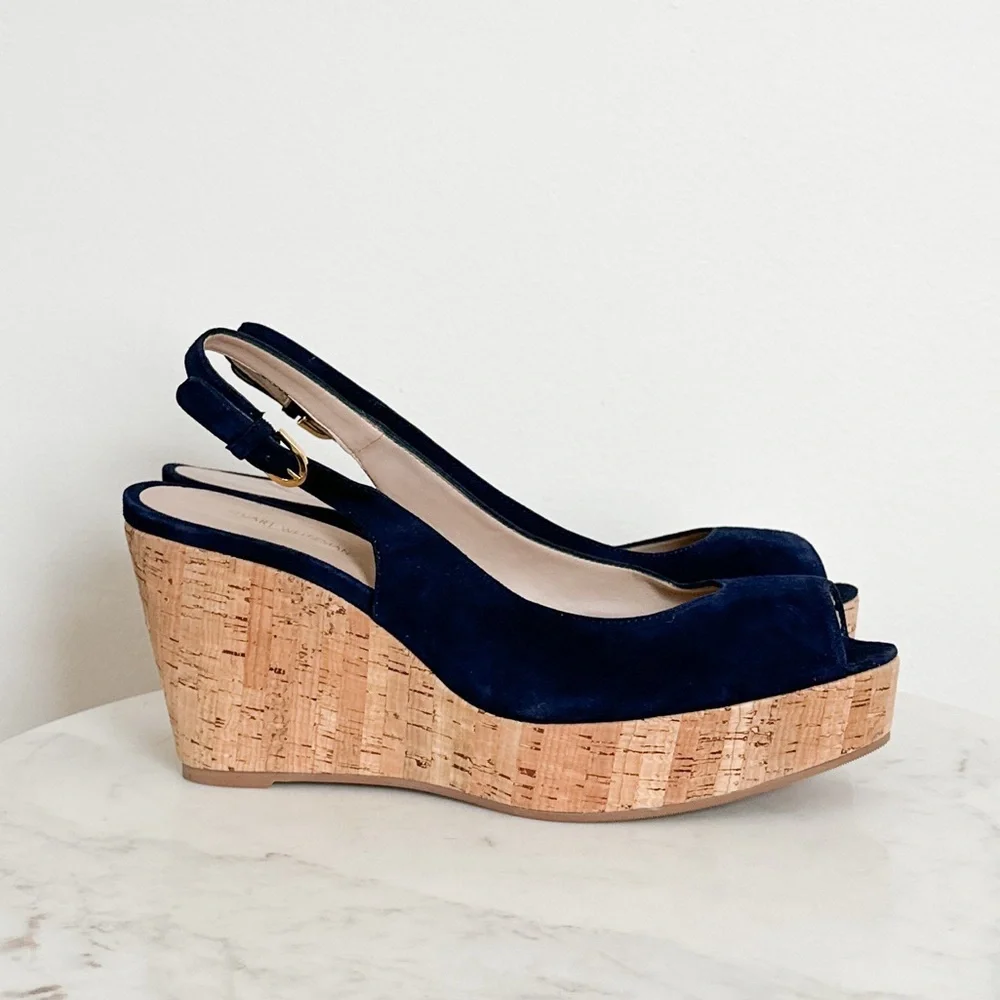 NEW STUART WEITZMAN Jean Suede Slingback Wedge Sandals Navy Blue Size 11.5 - Picture 8 of 10
